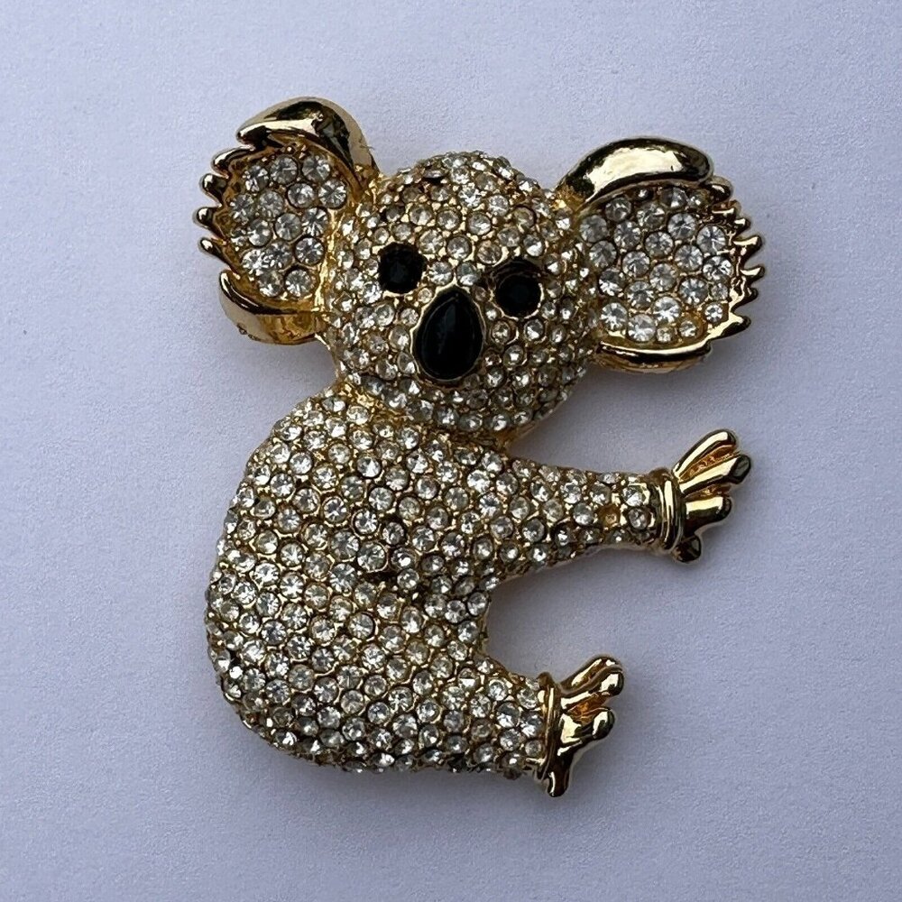 Vintage Koala Bear Pin Brooch 2 Inch Textured Clear‎ Rhinestones Gold Plated